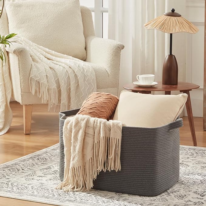 108L Extra Large Blanket Basket, 24.8" x 16.2" x 16.2" Rectangle Woven Storage Baskets for Living Room, Nursery, Bedroom, Toy Basket with Handle (Dark Grey)