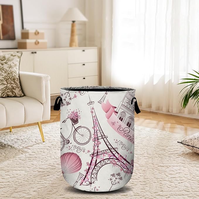 Romantic Paris Eiffel Tower Laundry Basket, Laundry Hamper Collapsible Oxford Cloth with Handle Clothes Toy Storage Bin for Bathroom Laundry Room Bedroom 15.7 X 20 Inch