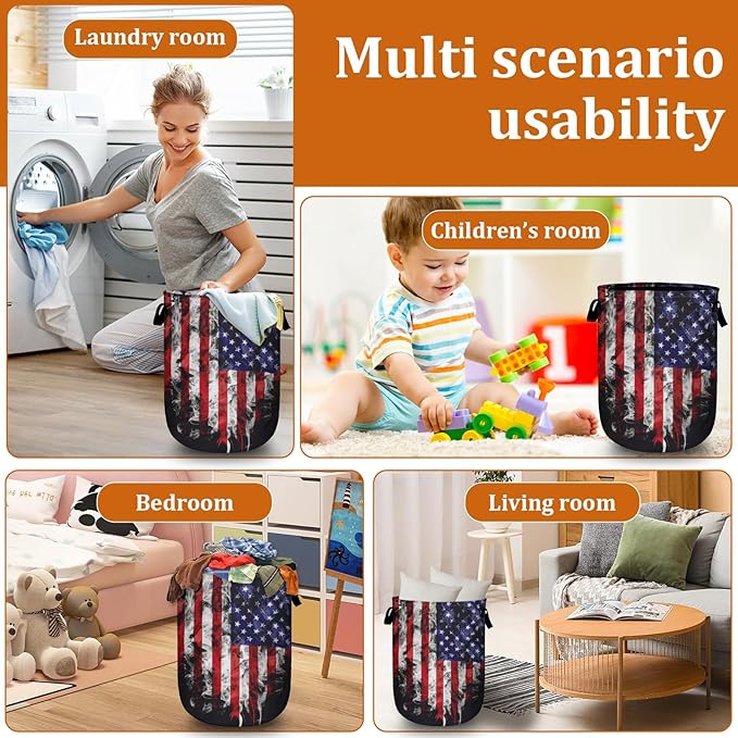 Smoke USA Flag Laundry Basket with Sturdy Handles, Memorial Day Patriotic Collapsible Oxford Cloth Laundry Hamper Organizer Basket for Bathroom Bedroom 15.7x20 Inch