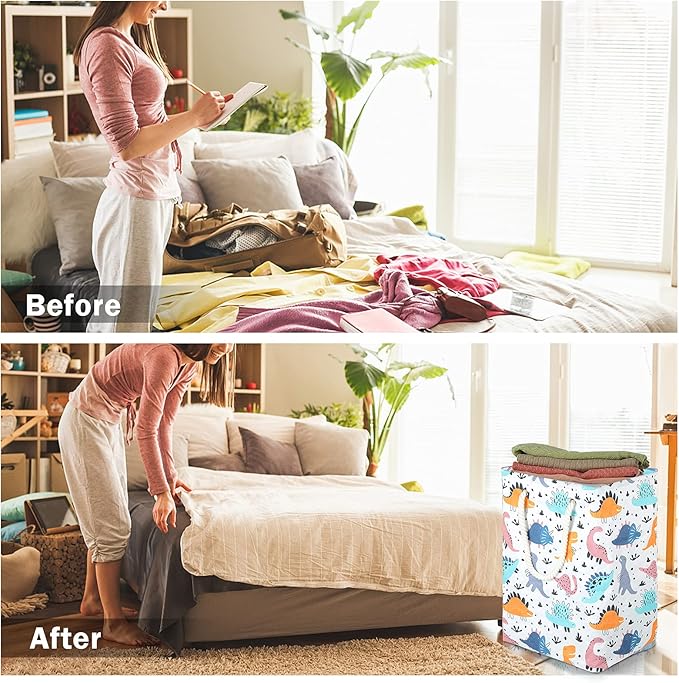 Dinosaurs Laundry Hamper, 78L Large Collapsible Tall Laundry Basket Waterproof Dirty Clothes Bag with Cotton Ropes Handles Washing Storage Bin for Clothes, Toys, Nursery, Bedroom, Bathroom, College