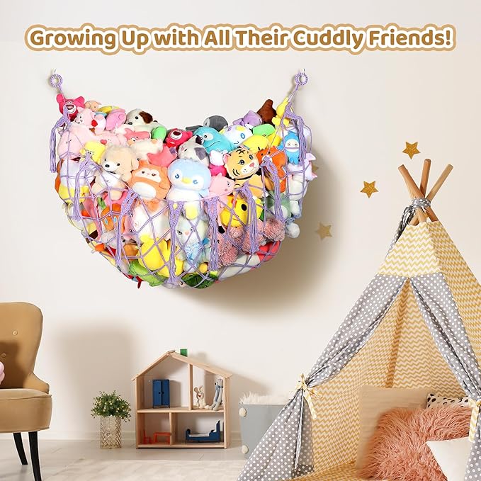 Yecaye 60 IN Stuffed Animal Net Hammock, Hanging Stuffed Animal Storage with Handmade Macrame Tassels, Net for Stuffed Animals Corner Large for Nursery Living Room Wall Decoration, Lavender Purple