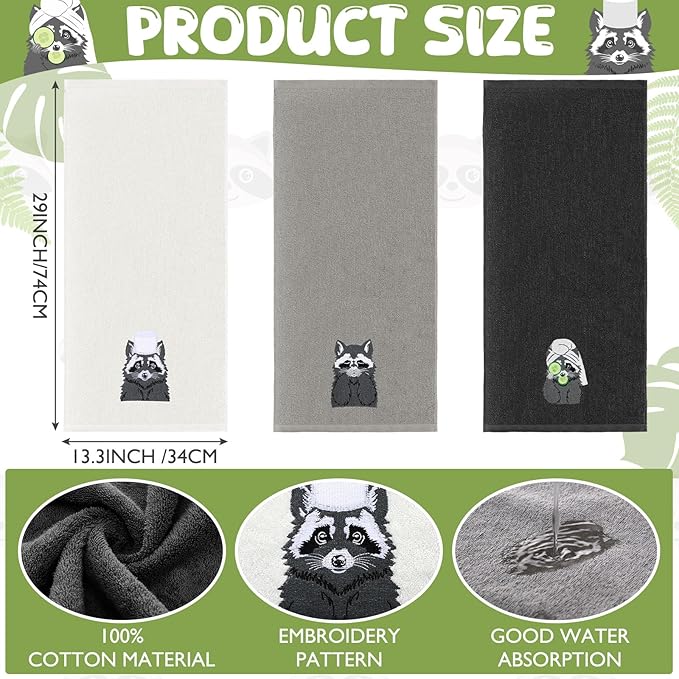 3 Pcs Raccoon Gifts Hand Towels for Bathroom Decorative Funny Retro Raccoon Bathroom Decor 100% Cotton Embroidered Towels for Women Kitchen Decor, 13. 3 x 29. 5''