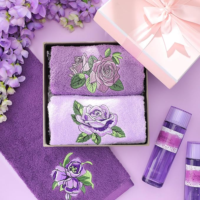 3 Pcs Purple Rose Hand Towels Lavender Purple Bathroom Decor Embroidered Floral Farmhouse Decorative Towels for Bathroom Kitchen Decor, 100% Cotton, 13. 3 x 29. 5''