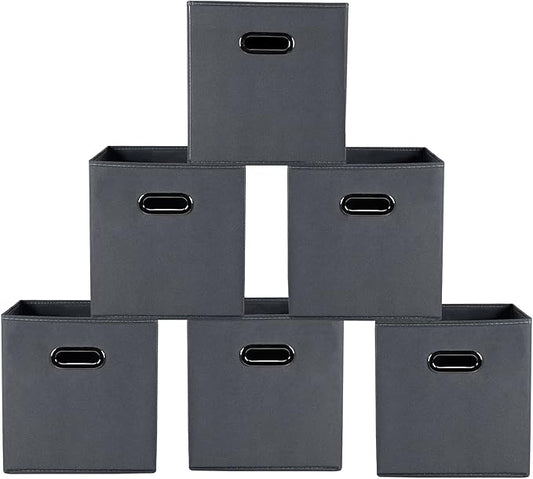 Yunkeeeper storage bins Cubes, Fabric Cube Organizer with Handle, Foldable Cube Bins for Cloth or Accessary Storage, 11x11x11, Set of 6, (Gray)