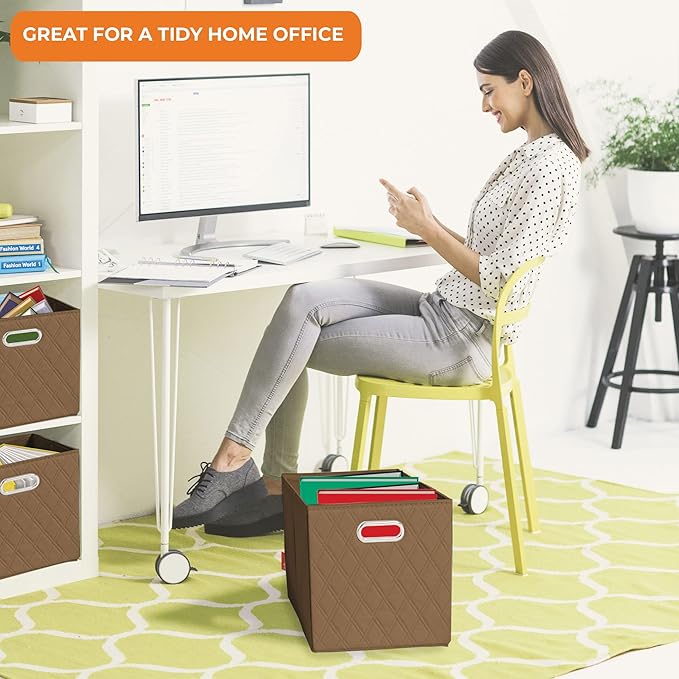 FH Group JIAessentials 11" Faux Leather Foldable Storage Cube Bins Set of 2 – Brown Diamond Patterned Organizers with Handles for Closet & Shelves
