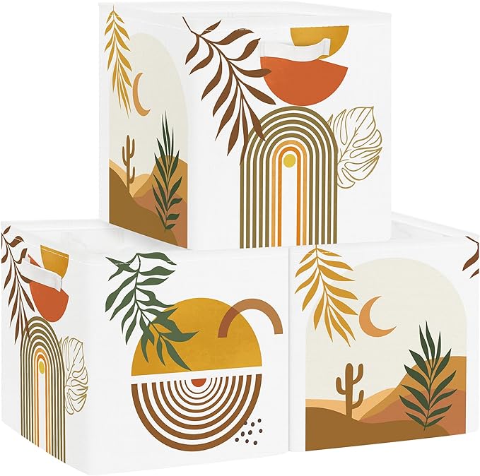 11.8" Boho Leaves Storage Cube Organizer Mid Century Modern Clothes Storage Basket Bin for Closet Shelf Art Abstract Geometry Nursery Kid Room Book Toy Chest, 3Pcs