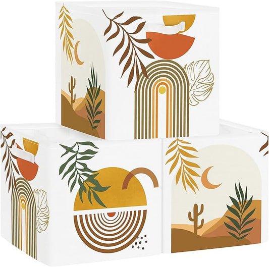 11.8" Boho Leaves Storage Cube Organizer Mid Century Modern Clothes Storage Basket Bin for Closet Shelf Art Abstract Geometry Nursery Kid Room Book Toy Chest, 3Pcs