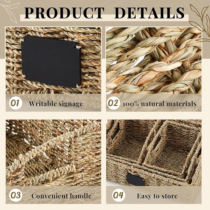 4 Pcs Natural Seagrass Storage Baskets Set Stackable Handwoven Wicker Storage Bins with Chalkboard Label Built-in Handles Woven Container Basket Kitchen Baskets for Shelves