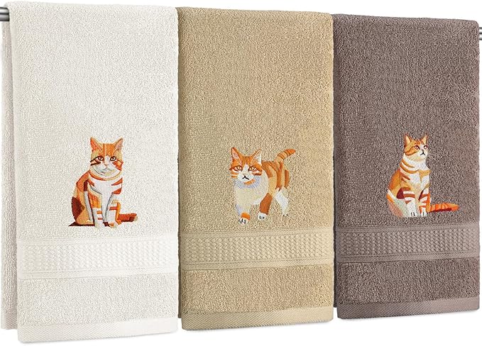 3 Pcs Orange Cat Hand Towels Bathroom Sets Decor Cute Orange Cat Lover Gifts Funny Decorative Farmhouse 100% Cotton Embroidered Towels for Women Bathroom Kitchen 13. 3 x 29. 5''