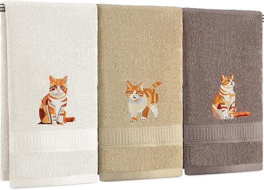 3 Pcs Orange Cat Hand Towels Bathroom Sets Decor Cute Orange Cat Lover Gifts Funny Decorative Farmhouse 100% Cotton Embroidered Towels for Women Bathroom Kitchen 13. 3 x 29. 5''