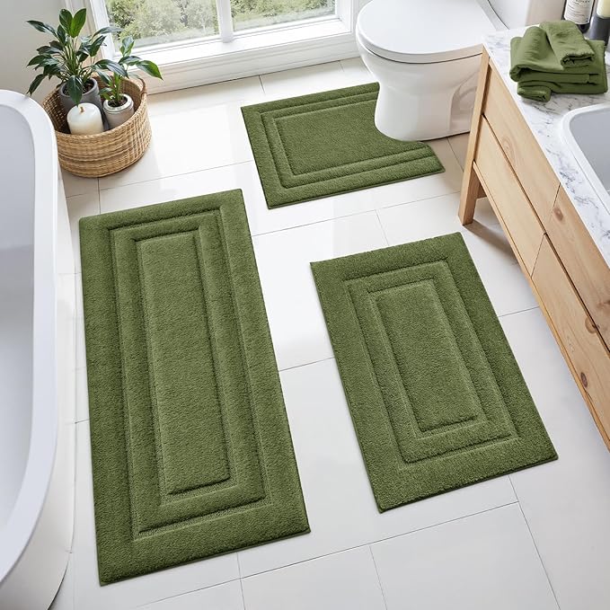 HOMEIDEAS Bathroom Rugs Sets 3 Piece, Microfiber Shaggy Bath Mat Set, Non-Slip Ultra Soft Carpet Mats, Large Rugs with U-Shaped Toilet for Bathroom, Tub, Shower,Sage Green
