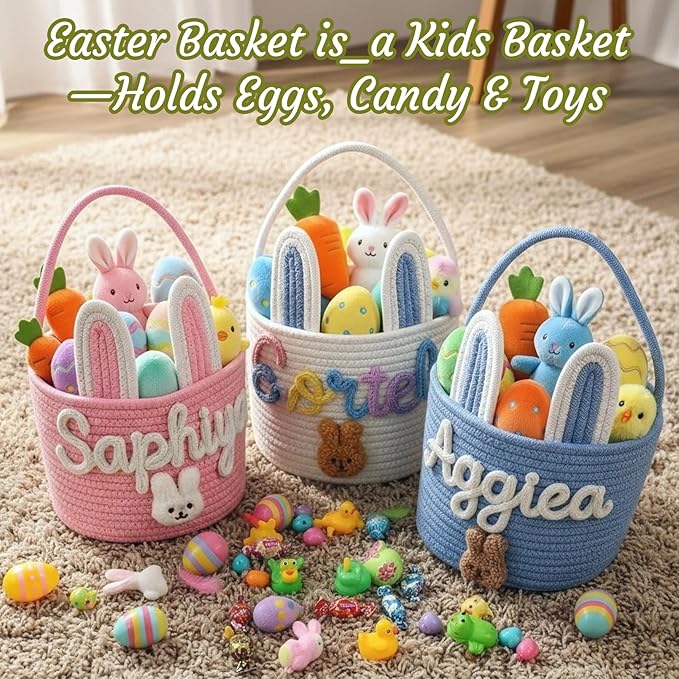 Personalized Easter Basket for Kids with Name - Custom Cute Embroidery Easter Bunny Rope Basket for Boys Girls, Easter Egg Hunt Basket (8 Colors+Rabbit Ear)
