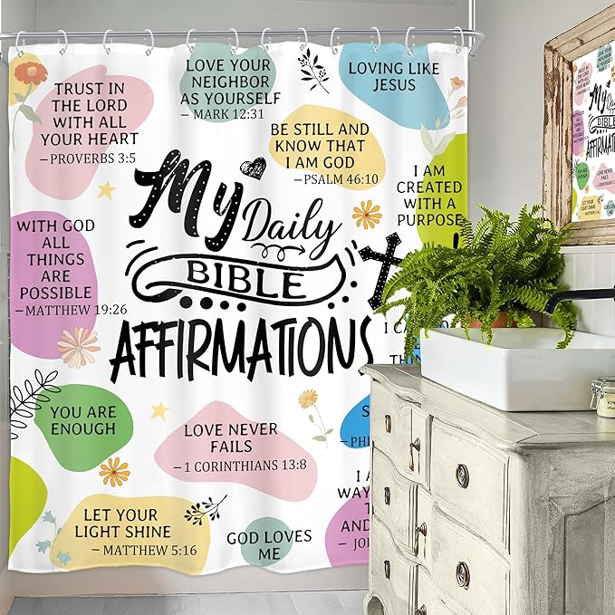 Homewelle Christian Bible Verse Shower Curtain Abstract Boho Mid Century Inspirational Quotes Minimalist Geometric Scripture 60Wx72H Inch Multicolor Waterproof Polyester Fabric Bathroom Bathtub