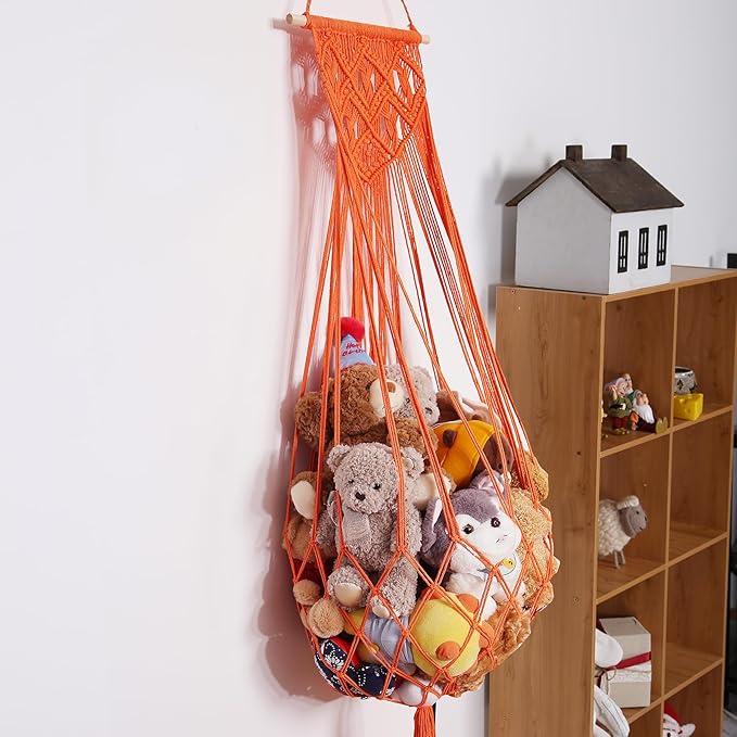 Stuffed Animal Hammock Wall Hanging Net for Stuffed Animal Net Stuffed Animal Storage Plush Toy Holder Toy Organizer for Boho Kidroom Nursery (Orange Color)
