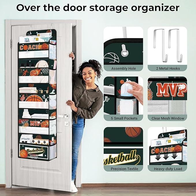 Clastyle Ball Over The Door Organizer Star Nursery Hanging Storage Organizer for Boys Clothes Diaper Toy Closet Door Hanging Shelf Storage for Bedroom Bathroom Pantry, Basketball, 5-Tier