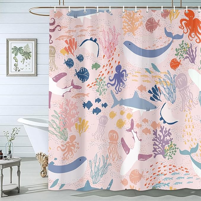 60x70 inch Kids Shower Curtain - Pink Boho Ocean Animals Underwater Cartoon Bathroom Decor with Shark & Fish for Girls, Nautical Theme Bathtub Curtain