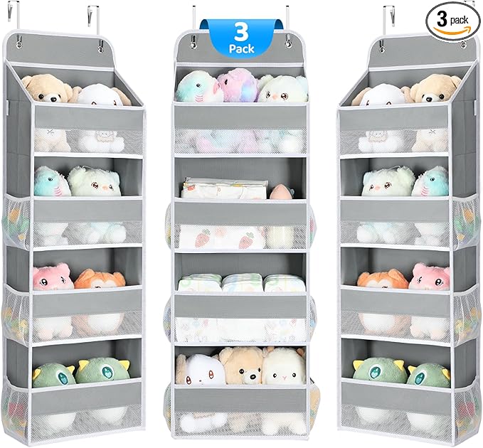 Yecaye 3 Pack Over the Door Organizer, 35.2lbs Load Toy Stuffed Animal Storage, Swing-proof Hanging Bathroom Organizers and Storage for Nursery Newborn Baby Essential Stuff Dorm Room Essentials Grey