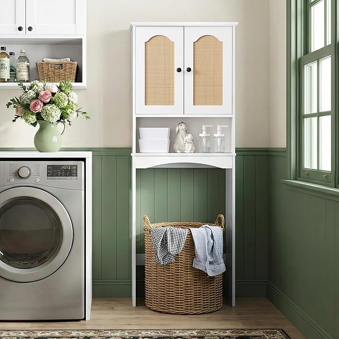Over The Toilet Storage Cabinet, Above Toilet Organizer with 2 Rattan Doors, Modern White Finish, 24x70 inch Space Saving Freestanding Bathroom Cabinet
