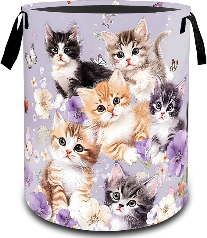 Cute Kitten and Butterfly Laundry Basket, Dirty Collapsible Clothes Toy Organizer Hamper for Kids Adults, Oxford Cloth Waterproof Storage Bin for Bedroom Bathroom Home Decor Gifts, 19.7"X15.7"