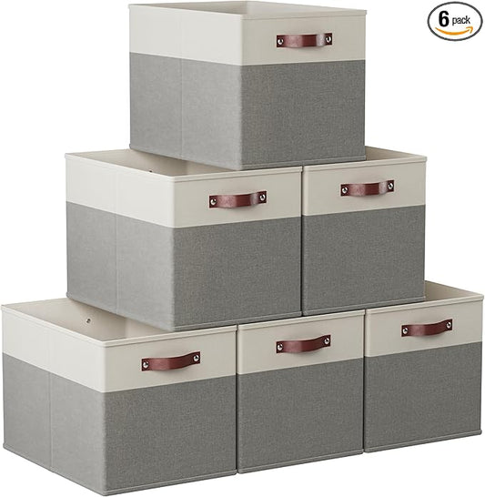 Ornavo Home 13 x 15 x 13 Kallax Storage Cube Bins, Foldable Collapsible Fabric Storage Bins Box Linen Shelf Basket Cube Organizer for Closet with Leather Handles, 6 Pack, White/Gray