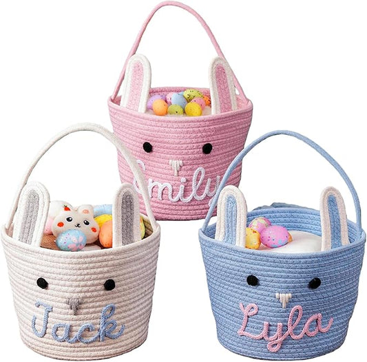 JUPPE Personzlized Easter Bunny Basket with Kids Name, Custom Easter Storage Organizer Basket Cotton Rope Nursery Decor Easter Gift (Easter Bunny)