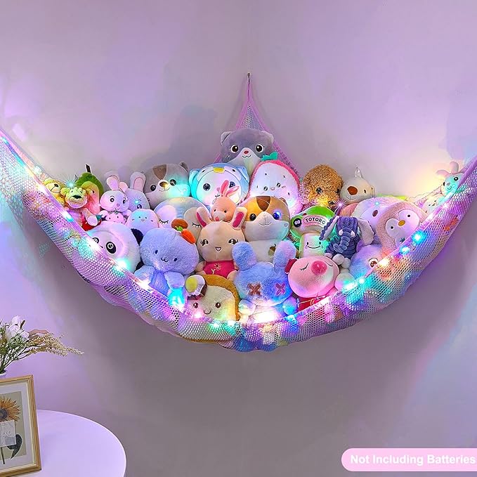 Unicorn Castle Stuffed Animals Net or Hammock Kids Toy Storage Organizer with LED Light Hanging Corner Stuffed Animals Holder Kids Girls Room Decor,Pale-Pink,Large (Pack of 1)
