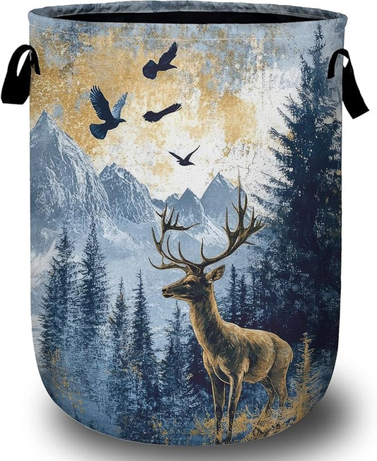 Misty Forest Deer Laundry Basket, Foldable Waterproof Laundry Hamper Tote Bag Dirty Clothes Storage Bucket Toy Organizer for Bathroom/Laundry/Bedroom 15.7"x19.6"