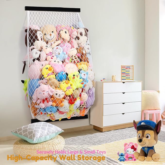 Stuffed Animal Storage Net, Elastic Stuffed Toy Holder,Door/Wall Mount Length Adjustable Hanging Soft Toy Organizer, Plushie Net for Nursery Play Room-Black Boards