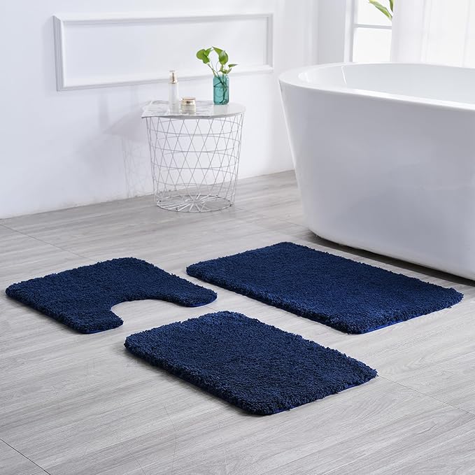 3 Pieces Luxury Bathroom Rug Set with U-Shaped Toilet Rug, Non-Slip Rubber Bottom, Thick Microfiber Fluffy Plush, Water absorption, Quick Dry, Ultra Soft, Bath Mats for Bathroom, Tub(Navy Blue)