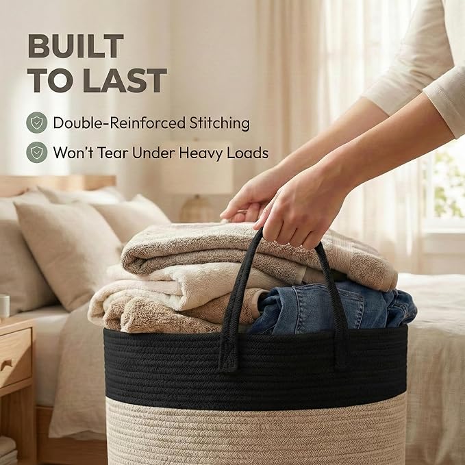 65L Extra Large Blanket Basket for Living Room - Woven Cotton Rope Laundry Hamper with Reinforced Handles - Storage Bin for Pillows, Comforters & Toys - Machine Washable,Black&Jute