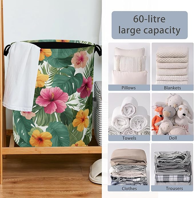 Hibiscus Laundry Basket,Palm Leaves Foldable Oxford Cloth Tote Bag Laundry Hamper Clothes Storage Bucket Organizer for Bedroom Laundry Storage Dormitories 16" x 20.8"