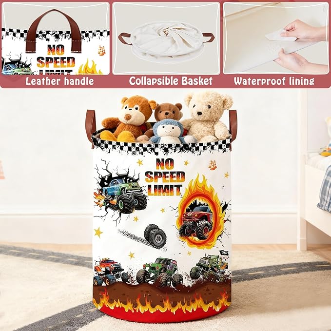 Monster Trucks Laundry Basket with NO SPEED LIMIT Sign,Car Room Decor Nursery Hamper,Gift Bag Storage Bin for Toy Car Stuffed Animals Clothes Books Boys Valentine's Day Gift(Round)