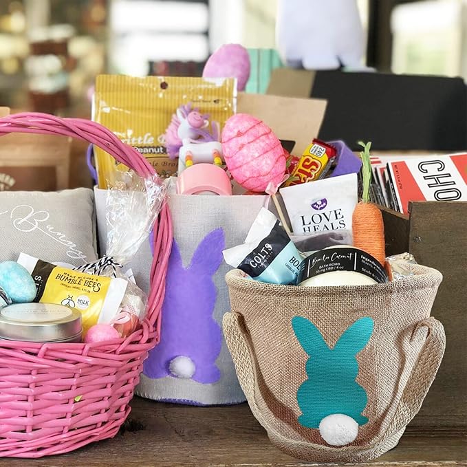 3Pcs Easter Bunny Basket for Kids - Burlap Carrying with Two Handles Gift and Eggs Hunt Bag, Fluffy Tails Printed Rabbit Toys Bucket Tote Basket Bags for Girls & Boys (Green, Blue, Pink)