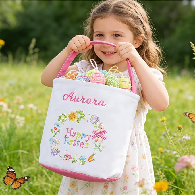 MT WORLD Toddler Easter Basket Personalized Easter Egg Bucket for Kids with Embroidered Name Pink Bunny Bucket Custom Candy Tote Bag for Baby Girls Candy Gifts Bucket