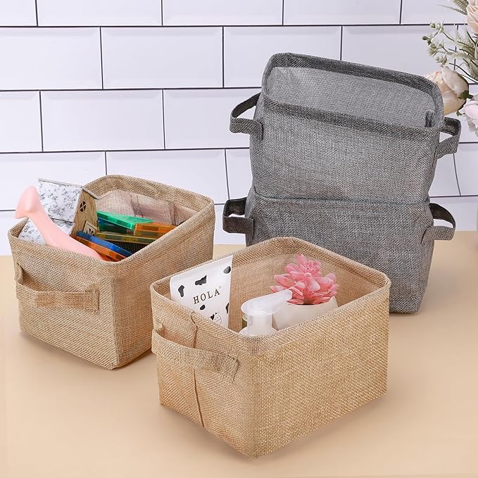 AARAINBOW Small Storage Basket Bins Canvas Mini Storage Cubes Storage Basket for Makeup, Baby Toys Liners, Books Nursery Storage Baskets with Handles for Shelves & Desks (3 Jute Gray)
