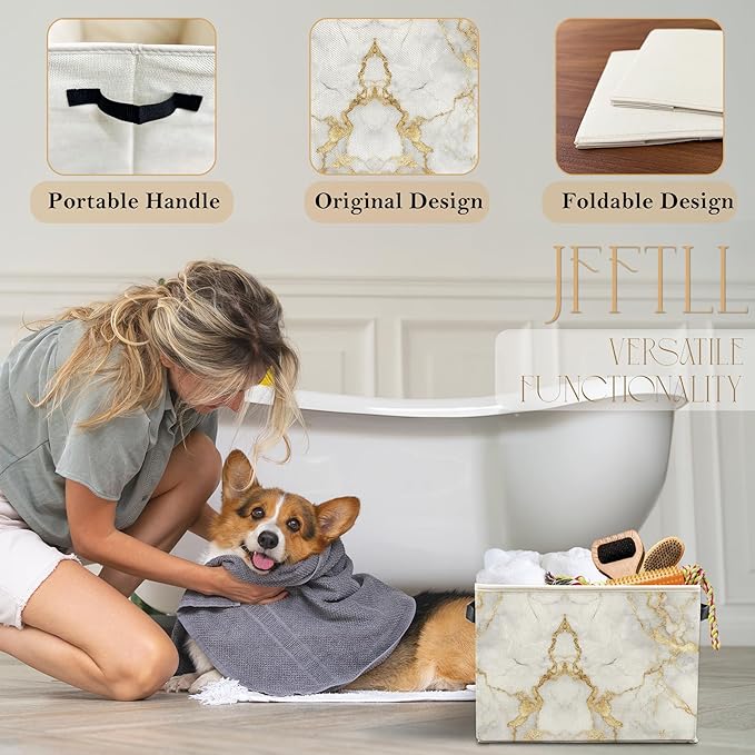 White Gold Marble Storage Bins with Handles, Modern Room Decor, Abstract White Marble Texture Collapsible Laundry Basket Storage Box for Home Bedroom Bathroom Clothes Toys Books