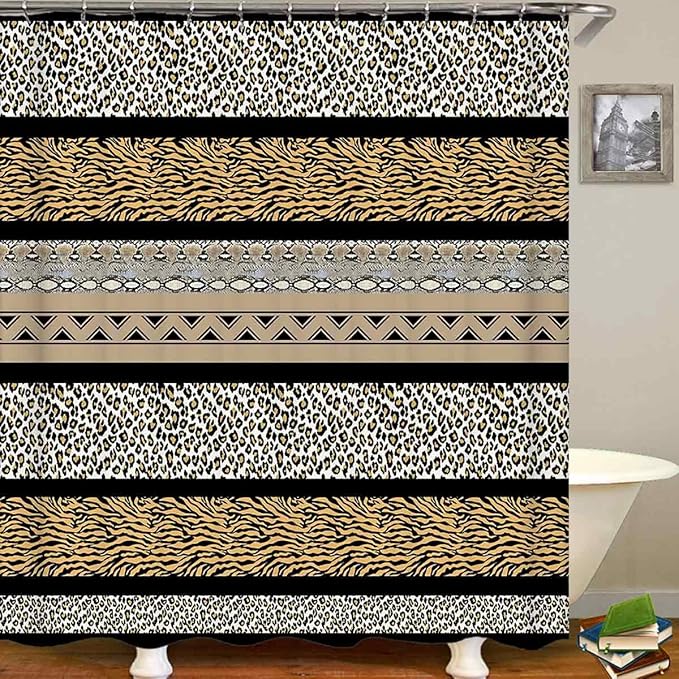4PCS Leopard Print Shower Curtain Sets with Rugs, Waterproof Fabric Shower Curtain, Gold Black Striped Patchwork Cheetah Print Tiger Snake Safari Wildlife Animal Skin Modern Bathroom Decor