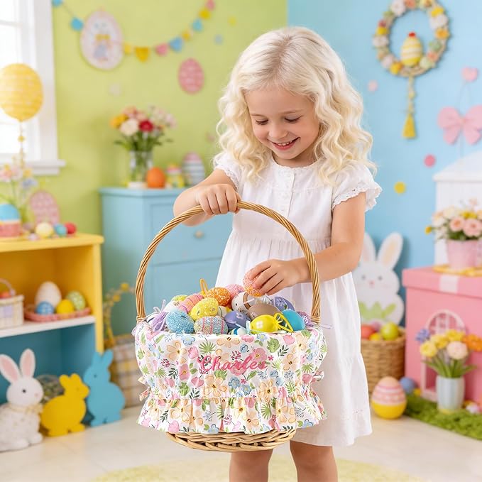 MT WORLD Kids Easter Basket Liner Only Personalized Flower Easter Basket Liner with Embroidered Name Custom Easter Gift for Toddler Girls Baby First Easter Gifts