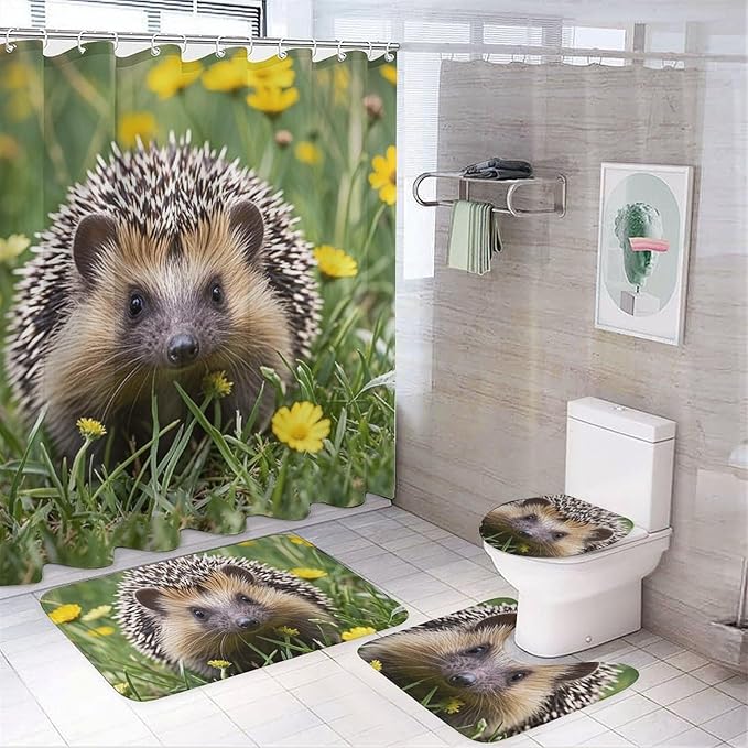 4 Piece Bathroom Rug Set with Shower Curtain, Non-Slip Bath Mat Toilet Cover Set, Hedgehog Bathroom Rug Sets