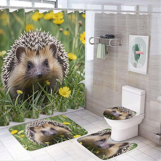 4 Piece Bathroom Rug Set with Shower Curtain, Non-Slip Bath Mat Toilet Cover Set, Hedgehog Bathroom Rug Sets