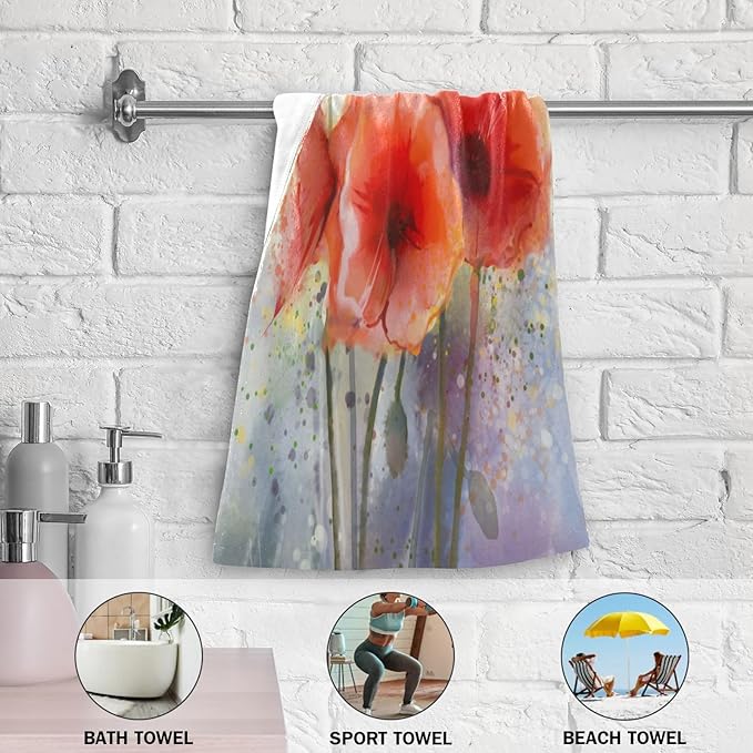 2 Pcs Vintage Flower Red Poppy Hand Towels for Bathroom,Soft Absorbent Retro Watercolor Floral Farmhouse Dish Towels for Kitchen,Quick Dry Decorative Bathroom Towels for Face,Shower 14"x28"