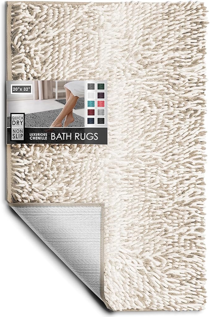 Hearth & Harbor Bathroom Rugs, Chenille Bath Mat - Machine Washable Bath Mats for Bathroom Non-Slip Backing Rubber, Quick Dry Bathroom Mat, 20 x 32 - Ombre Beige