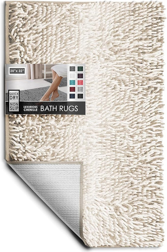 Hearth & Harbor Bathroom Rugs, Chenille Bath Mat - Machine Washable Bath Mats for Bathroom Non-Slip Backing Rubber, Quick Dry Bathroom Mat, 20 x 32 - Ombre Beige
