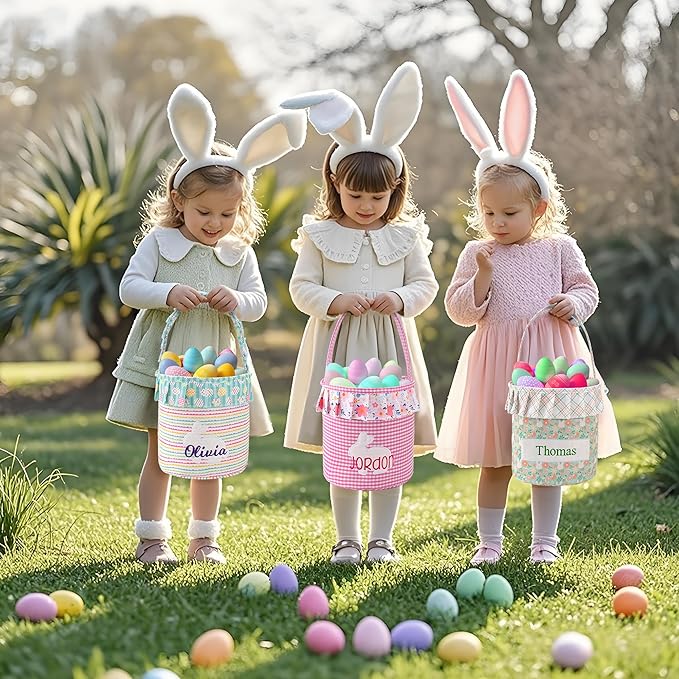 MT WORLD Toddler Easter Bunny Basket Personalized Easter Egg Bucket for Kids with Name Rabbit Ruffle Bucket Tote for Baby Boys Girls Easter Egg Hunts Decorations Candy Gifts Storage (Pink Plaid)
