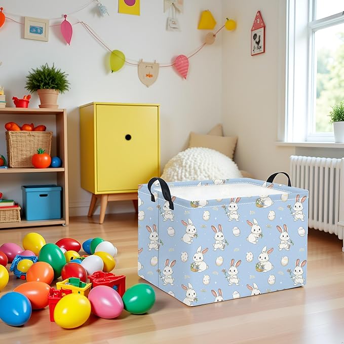 HIYAGON Rectangular Easter Basket for Kids Baby Easter Basket for Boys and Girls Cute Toy Storage Organizer Bin Box Easter Egg Room Decor(Blue Easter)