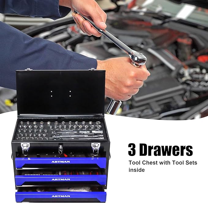 20" Portable 3 Drawer Steel Toolbox,Built in Tool Set,4 Layers of Tools with Metal Latches, with Top Storage Tray and carrying Handle, Multi-Function Tool Storage for Garage, Home,or Workbench