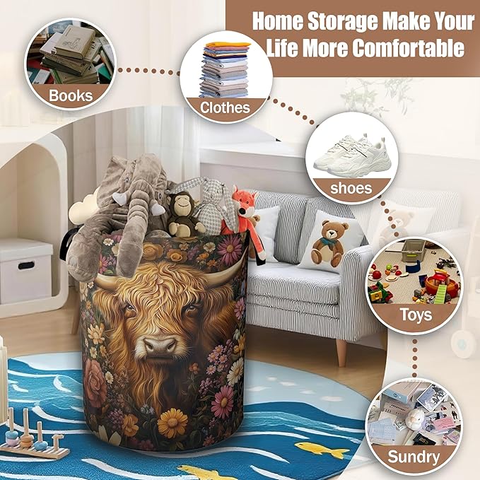 Vintage Flowers Laundry Basket,Highland Cow Laundry Hamper Waterproof Oxford Cloth Tote Collapsible,Clothes Storage Bucket Decorative Toy Organizer For Bathroom Bedroom 16" x 20.8"