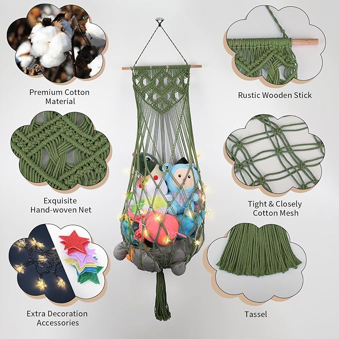 Stuffed Animal Storage, 63'' Jumbo Stuffed Animal Hammock Corner Wall Ceiling Over Door Hanging Toy Hammock Organizer, Avocado Green Toy Net w/ Boho Tassels Star Light for Nursery Boys Girls