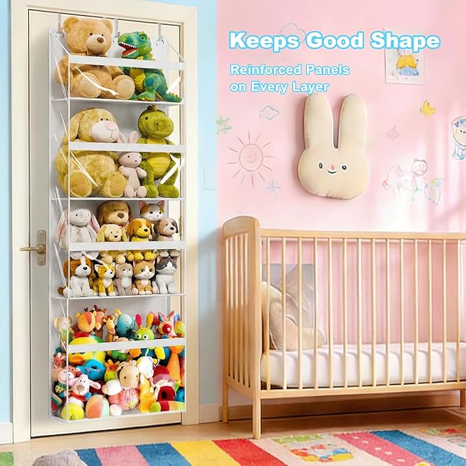 Heavy Duty Stuffed Animal Storage, 4-Tier Clear Extra Large Over The Door Organizer for Stuffies, Baby Ideas Holder, Toy Plush Hanging Organizer Big Girls Toddler Bag Animals Stuffy, White