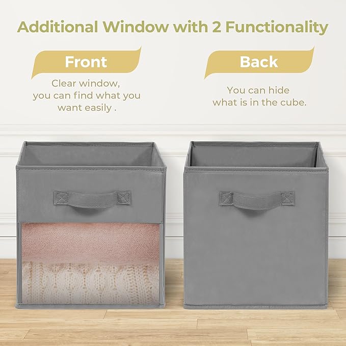 11x11 Large Storage Bins with Clear Window, Set of 6 Storage Cubes, Collapsible Cube Storage Bins, Fabric Closet Organizers with Handles for Home, Office, Closet Shelf Cabinet, Bookcase, Grey